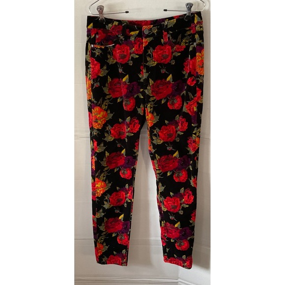 Soft Surroundings Pants - Soft Surroundings Black Floral Velvet Pants Women's Size 8 Red Rose Print